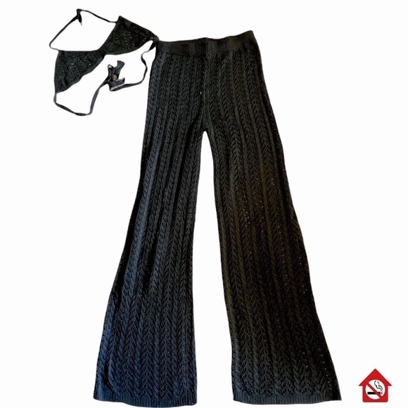 Crochet 2 pc Set Black Top & Stretchy Wide Leg Crochet Pants … - Picture 14 of 16